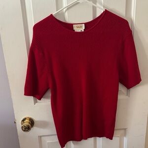 Red Ribbed Short Sleeve Wool Sweater